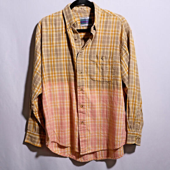 Urban Renewal Bleached VTG Flannel Plaid Button Top Gold Pink Grunge 90s L Artsy - Picture 1 of 8